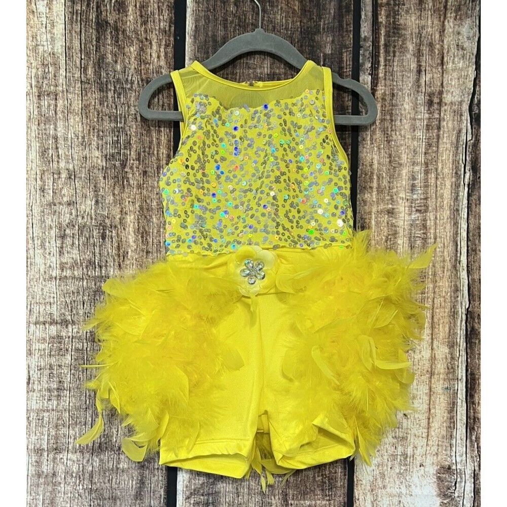 Weissman Dance costume Shake A Tail Feather Yellow Child XS Sequins Feathers